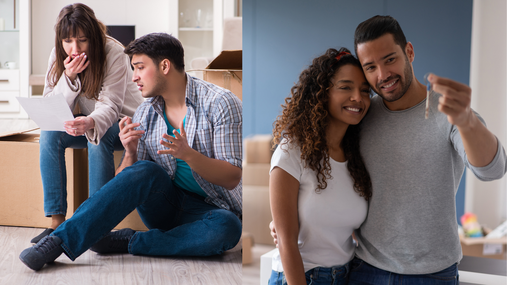 Split-screen image of an individual concerned about a default and a couple happy with their new home keys, illustrating the journey from default to mortgage.