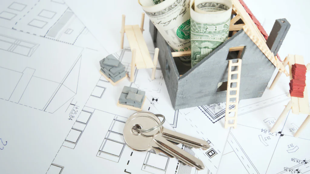 A creative representation of development finance, combining construction elements with financial symbols, highlighting its role in property development and investment.