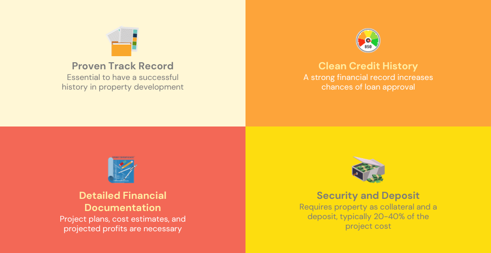 Informative infographic outlining the key qualifications for obtaining development finance, including expertise, credit history, and financial documentation.