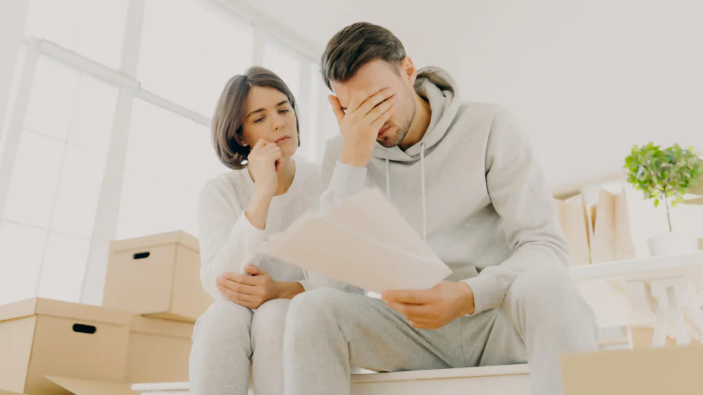 Individual or couple reviewing documents with a contemplative expression, symbolising reconsideration after a mortgage application decline.